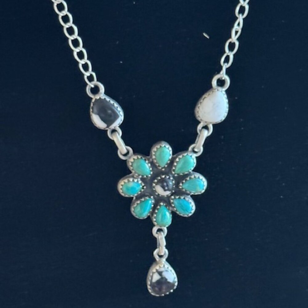 Handmade Sterling Silver Kingman Turquoise & White Buffalo Inlay Necklace — 10"